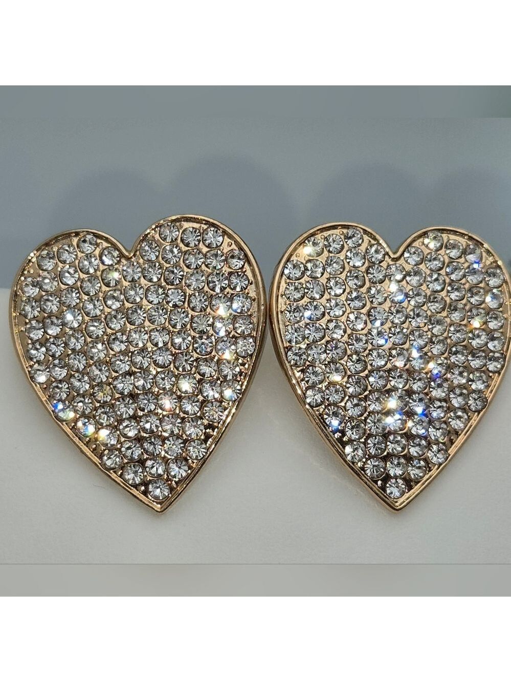 ✨2/$10✨ Large Heart Stud Earrings Gold Tone Pavé  CZ 1.5" Statement Sparkly - Picture 3 of 8